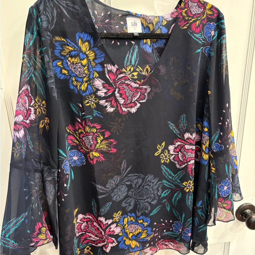 CAbi Black Floral Blouse with bell sleeves